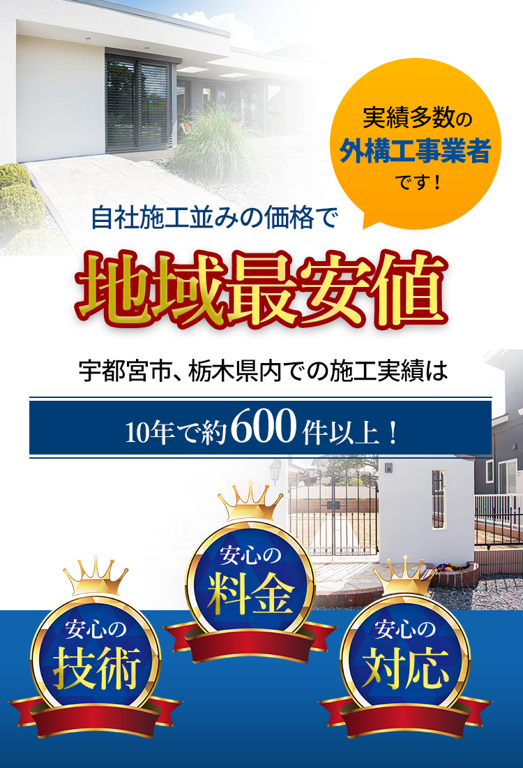 実績多数の外構工事業者です!自社施工並みの価格で地域最安値!宇都宮市、栃木県内での施工実績は10年で約600件以上!安心の技術・安心の料金・安心の対応